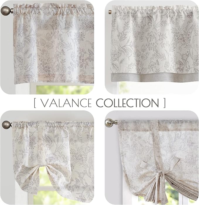 JINCHAN Linen Valance Curtain Farmhouse Grey Floral Printed Small Window Curtain for Kitchen Rustic Country Light Filtering Valance for Living Room Bedroom 16 Inch Rod Pocket 1 Panel Tan Gray on Beige