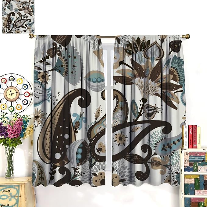 Paisley Floral Blackout Curtains, Bohemian-Style Vintage Brown Printed Window Treatments, for Bedrooms and Living Rooms55X63 Inch