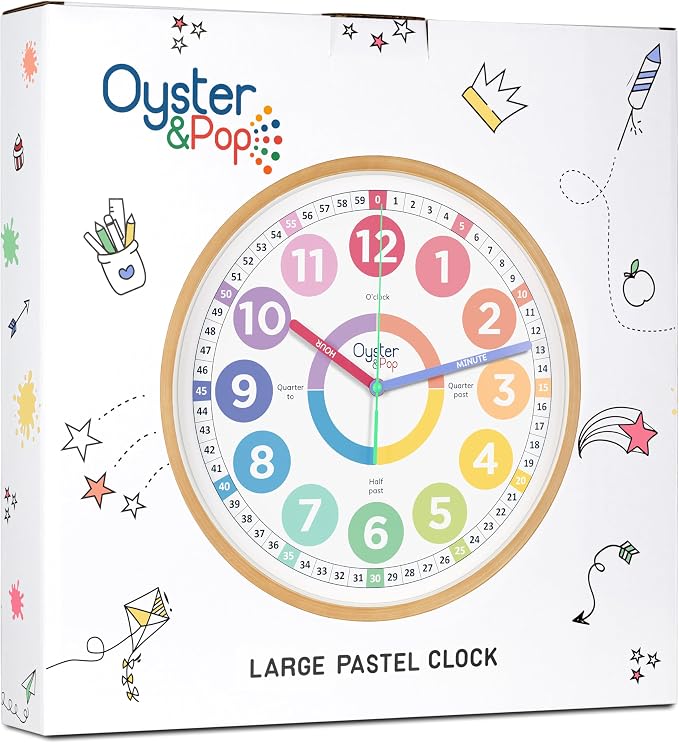 Oyster&Pop Kids Clock - Silent 14" Analog Learning Wall Clock - Award-Winning Telling Time Teaching Clock for Kids - Large for Classrooms Homeschool & Bedrooms - Includes eBook