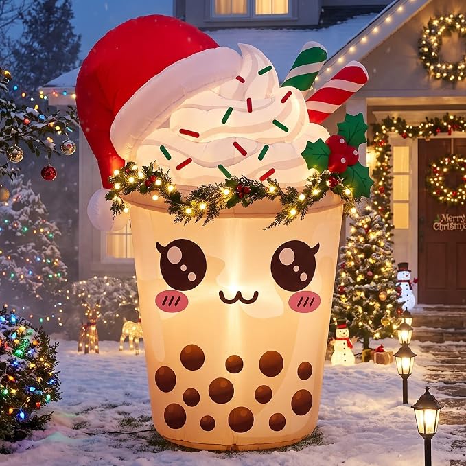 VIHOSE 3.2 Ft Christmas Inflatable Bubble Tea Decoration, Bubble Milk Tea Inflatable with Santa Hat Candy Cane and LED Lights, Cute Blow Up Decor for Outdoor Garden Party Lawn Xmas Display