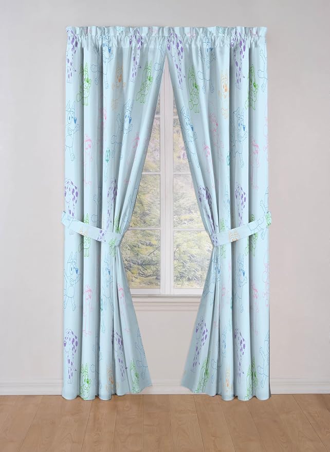 Jay Franco Window Curtains for Kids Bedroom 4-Piece Drape Set with 2 Tiebacks, Blue - Bluey, 42" W x 84" L (Pack of 2)