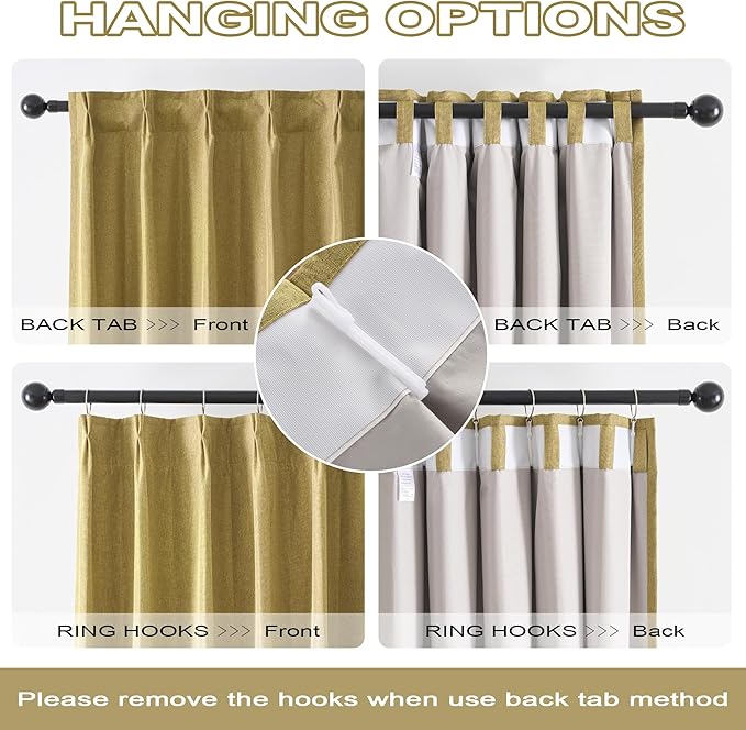 DUALIFE Mustard Yellow Pinch Pleated Blackout Curtains 63 Inches Long, Back Tab with Hooks, Linen Full Black Out Thermal Insulated Track Curtain for Bedroom Living Room,40 W x 63 L, 2 Panels