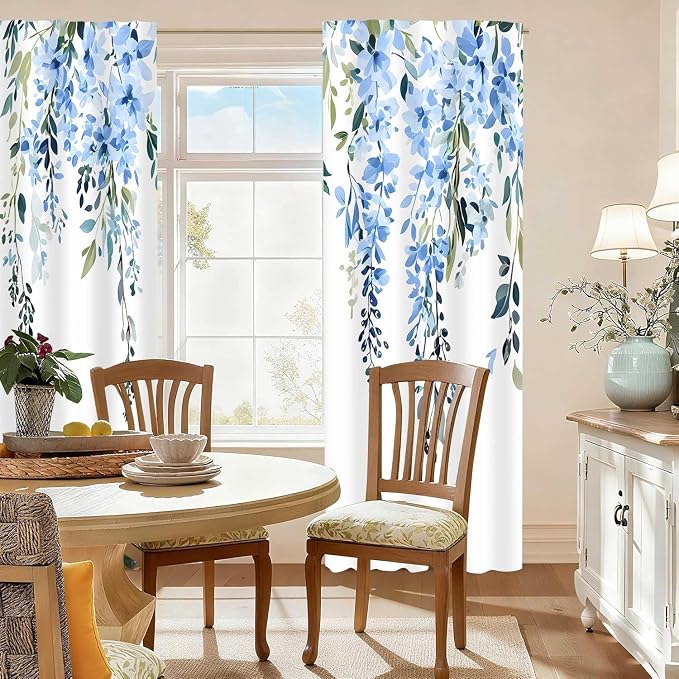 Blue Watercolor Floral Curtains, Botanical Leaves Vine Flowers Curtain, Rustic Farmhouse Flower Leaf Blackout Window Treatment Drapes for Bedroom Living Room 52x90 inch, 2 Panels