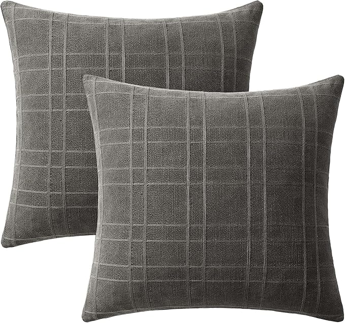 MIULEE Decorative Linen Check Lumar Throw Pillow Covers Neutral Farmhouse Vintage Pillow Covers 20x20 Inch Set of 2 Boho Modern Home Decor for Sofa Couch Bedroom Cushion Chair Charcoal Gray