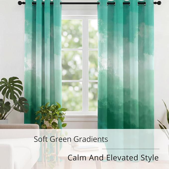 Green Gradient Blackout Curtains - 100% Blackout, Thermal Insulated, Noise Reducing, Ombre Room Darkening Curtain for Living Room, Modern Nature-Inspired, 2 Panels, Each W52×L84