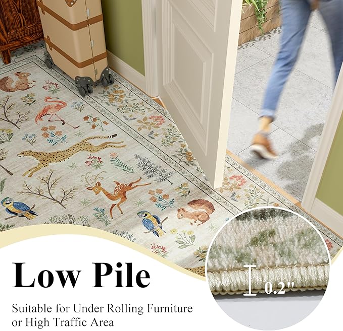 DUKINO 3x4 Washable Entryway Rug, Vintage Animal Ultra Soft Kitchen Area Rug with Non Slip Backing, Low Pile & Stain Resistant Indoor Door Mat for Bathroom, Bedroom, Laundry Room, Office, Beige