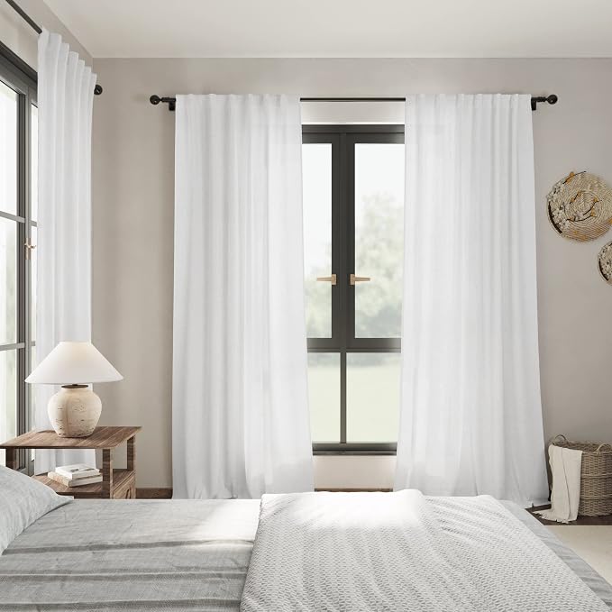 Linen White Curtains 120 inch Extra Long for Living Room Back Tab Light Filtering Semi Sheer Drapes Modern Farmhouse Coastal Decor Off White Cotton Curtain for Floor to Ceiling Window 10 FT