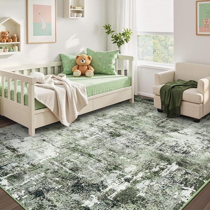 Rugflix 8x10 Area Rugs for Living Room, Washable Large Rug Stain-Resistant Low Pile, Modern Dark Carpet for Dining Room Home Office Kid Room Nursery Bedroom, Dark Green