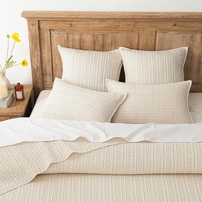 Foindtower Set of 2 Decorative Cotton Waffle Weave Lumbar Throw Pillow Covers Euro Shams Cushion Covers Accent European Pillowcase For Bed Couch Bedroom Living Room Home Decor 12×20 Inch Natural Beige