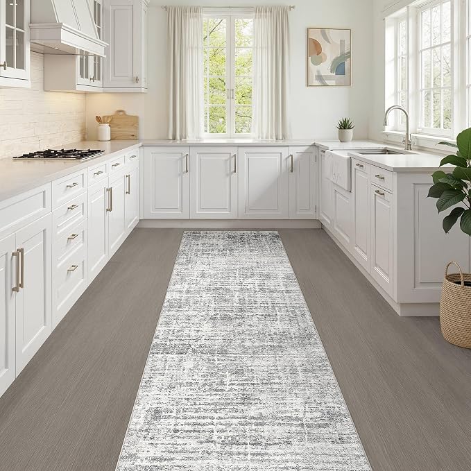 Runner Rug Non-Slip Kitchen Rug: 3x10 Washable Abstract Modern Soft Stain Resistant Indoor Floor Neutral Accent Throw Carpet for Hallway Bathroom Laundry Room Bedroom Entryway- Grey