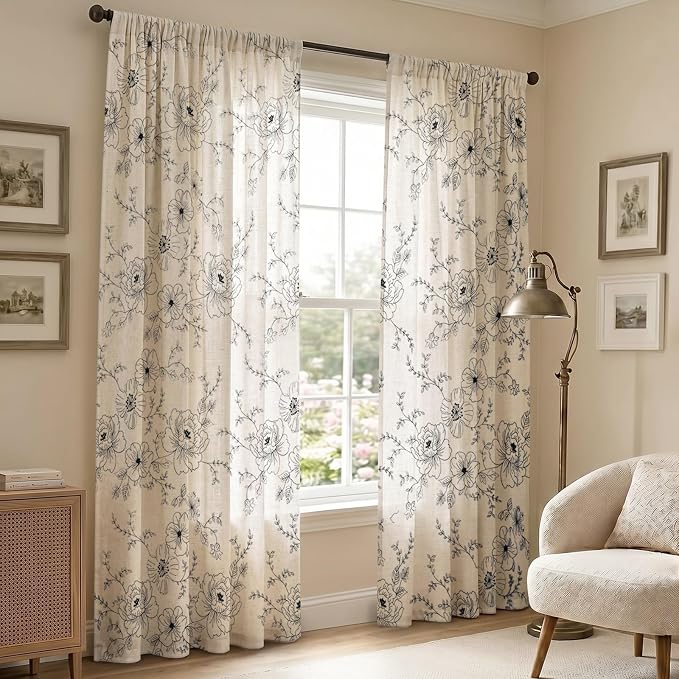 Boho Floral Curtains, Vintage Farmhouse Curtains 84 Inches Long, Black Cottage Core Flower 2 Panels