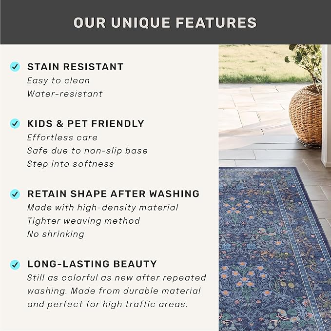 Dark Blue 2'6" x 10' Long Runner Rugs for Hallway, Oriental Floral Washable Non Slip Rug for Kitchen, Entryway Stain Resistant - Vintage Navy Blue Geometric Floral Décor