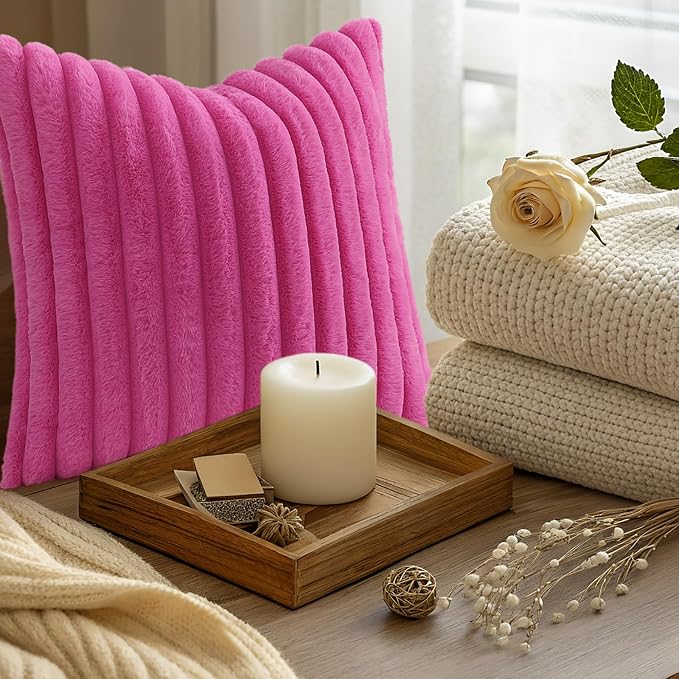 decorUhome Fall Cozy Faux Fur Throw Pillow Covers 12x20 Set of 2 Decorative Soft Plush Striped Lumbar Modern Farmhouse Boho Couch Pillow Cases with Velvet Back for Sofa Bed Living Room, Hot Pink