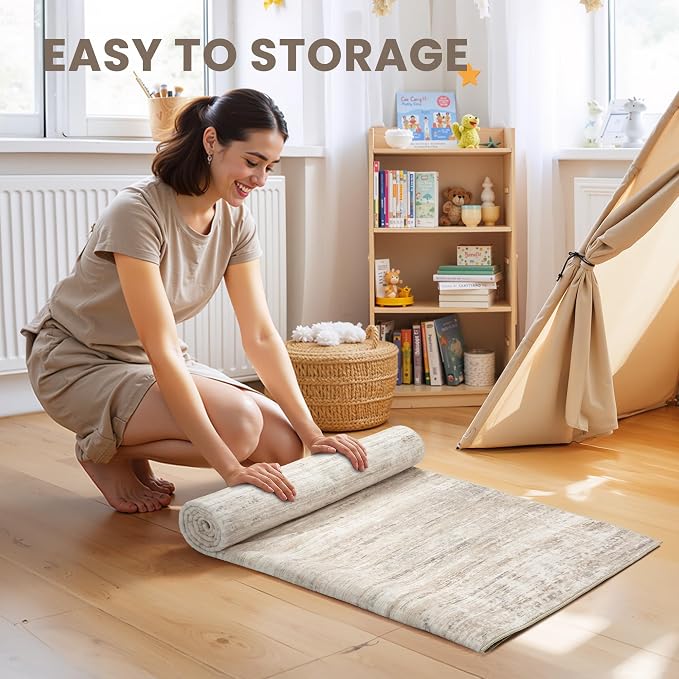 zesthome Washable Rug 8x10, Stain Resistant 8x10 Area Rugs for Living Room, Non Slip Backing Abstract Rugs for Bedroom, Folable Machine Washable Area Rug (Beige,8'x10')
