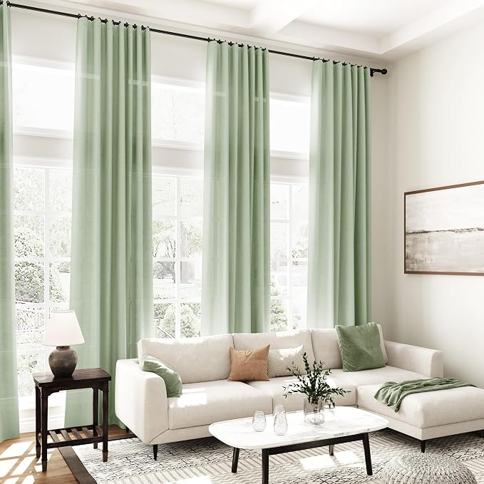 Mist Sage Linen Curtains 90 Inch Long 2 Panels Set for Bedroom Living Room Linen Textured Window Drapes Semi Sheer Light Filtering Rod Pocket Back Tab Cotton Textured Farmhouse Curtain 52x90