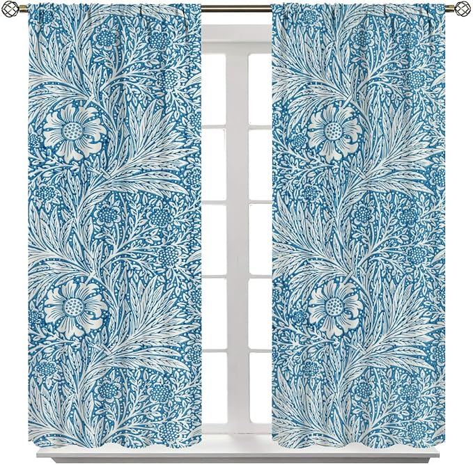 Bohe Vintage Floral Blackout Windows Curtains, William Morris Original Design Blue Flower Pattern Rod Pocket Curtains, for Living Room Bedroom 21(W)*45(L) 2 Panels