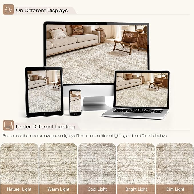 cotiled Washable Area Rugs 6x9 Living Room | Non Slip Backing, Stain Resistant, Pet Friendly, Large Neutral Soft Indoor Carpet For Bedroom, Nursery, Office, Beige/Brown