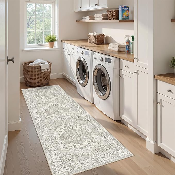 Washable 2x8 Runner Rug Vintage Area Rugs for Hallway Water Resistant Kitchen Entryway Rug Ultra Soft Living Room Bedroom Carpet Indoor Low Pile Floor Mat for Bathroom Dining Room(2x8,Beige)