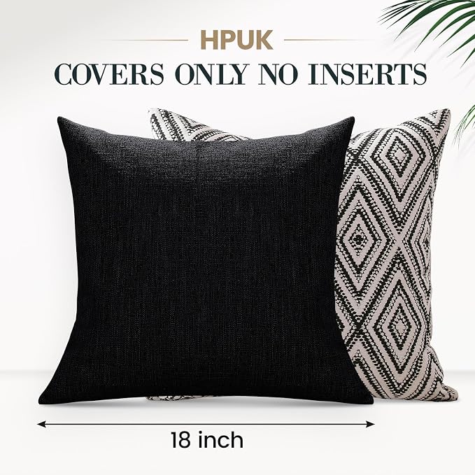 HPUK Throw Pillow Covers 18x18 Inch Set of 4, Linen Decorative Pillow Covers, Accent Cushion Covers for Couch Sofa Bed Bedroom Living Room Décor, Black