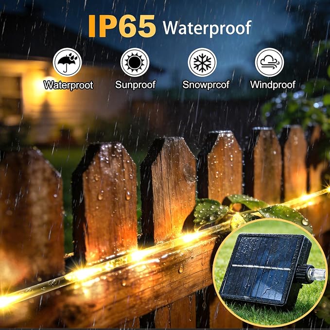 KNONEW Solar Rope Lights Outdoor 300LED 50FT Solar String Lights Outside Waterproof with Modes Clear Thin Tube for Pool Tree Patio Garden Fence Camping Yard Deck Trampoline(Warm White)