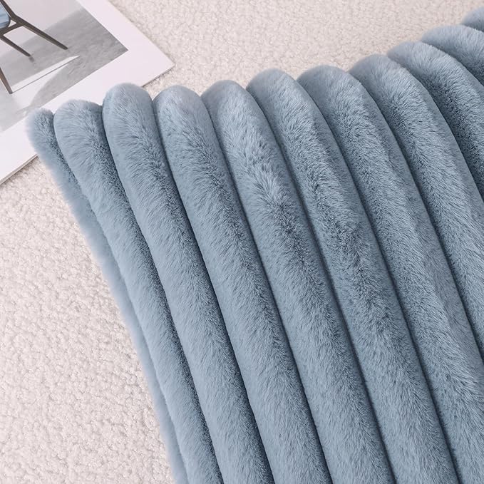 Pallene Faux Fur Plush Throw Pillow Covers 22x22 Set of 2, Luxury Soft Fluffy Striped Decorative Pillow Covers for Sofa, Couch, Living Room, Blue Grey