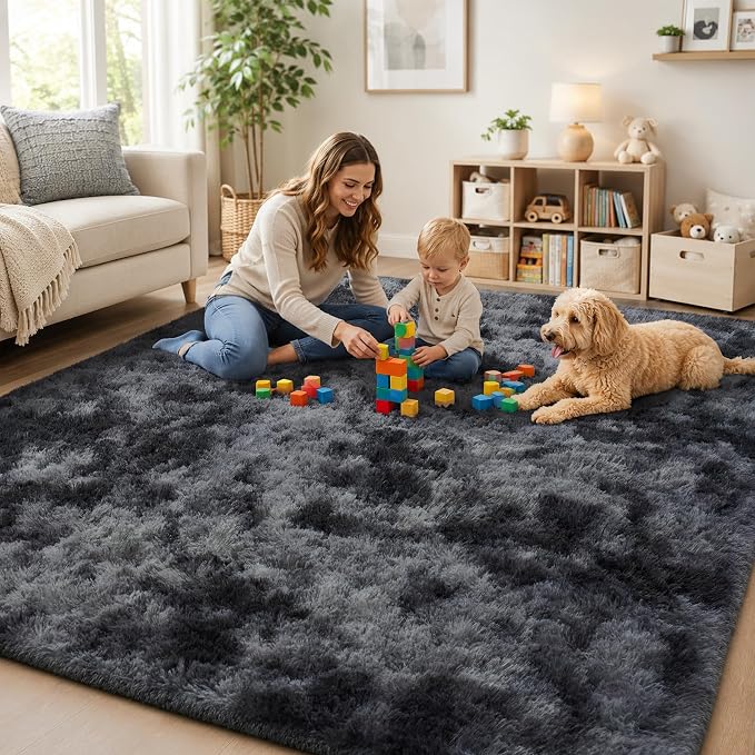 8x10 Area Rugs for Living Room Bedroom: Black Grey Soft Fluffy Shag Upgrade Non-Slip High Pile Carpet Large Fuzzy Plush Indoor Floor Decor Shaggy Rug for Kid Boys Girls Playroom Nursery Modern Home