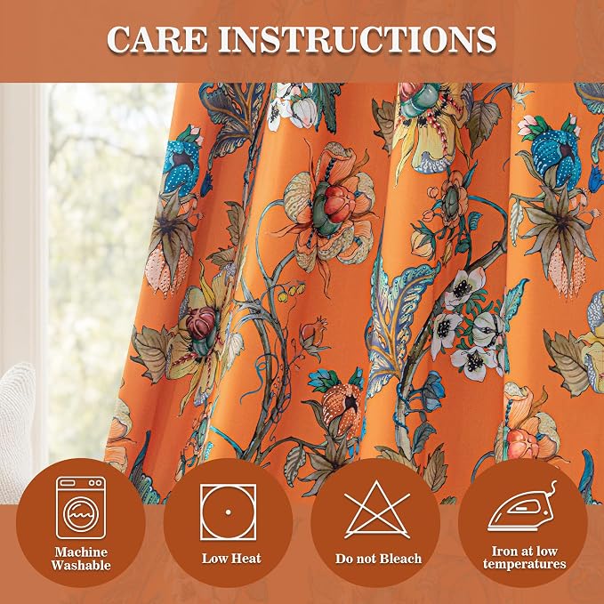 MYSKY HOME Orange Floral 95% Blackout Curtains 54 Inches Long for Small Window Thermal Insulated Light Blocking Drapes Grommet Country Coquette Window Panels, 2 Pcs, 52" Wide