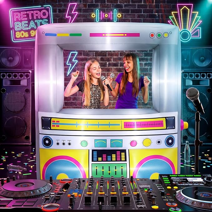Soulchen 6 x 5 ft Inflatable Radio Boombox Decor with Built in LEDs Lighted and Air Blower, 80's 90's Party Decoration Blow up Giant Boombox for Hip Hop Birthday Disco Photo Props(Radio,Yellow)