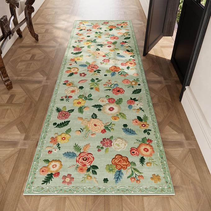 Washable Runner Rug Non Slip: 2x6 Kitchen Rug Low Pile Soft Faux Wool Non Shedding Lightweight Distressed Vintage Floral Floor Carpet Runners for Hallways Entryway Bedroom Laundry Farmhouse Office