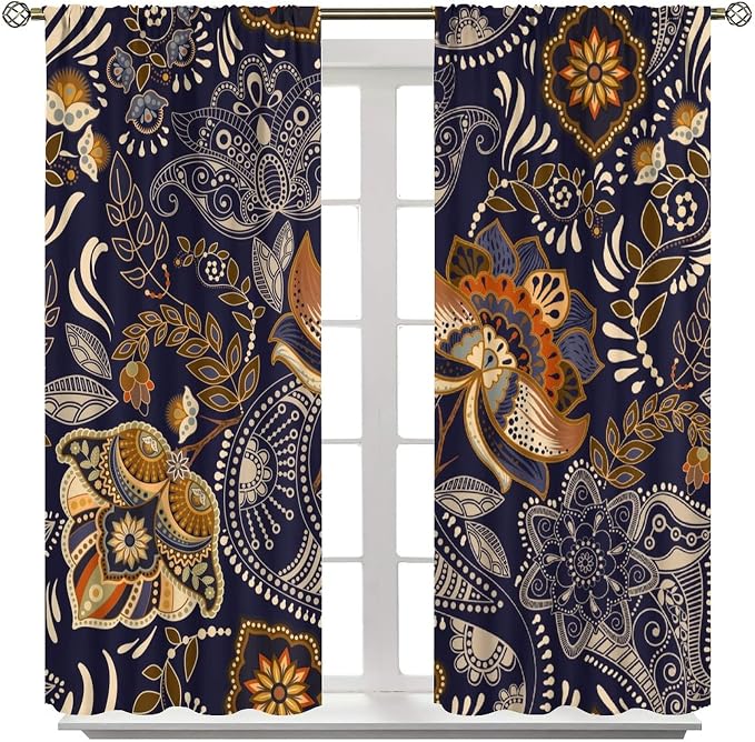 Indian Boho Curtains, Mandala Design Colorful Boho Floral Paisley Curtains, Bedroom Living Room Blackout Decorative Curtains, 2 Panel Set, 63x72 Inch.