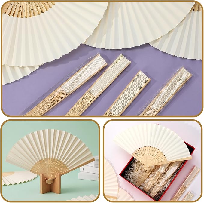 Qunclay 6 Pcs Paper Hand Fans Bulk Bamboo Folding Handheld Wedding Fans for Bridal Dancing Party Favors Church Home Decoration Gift DIY Supplies Stage Props in OPP Individual Package (White)