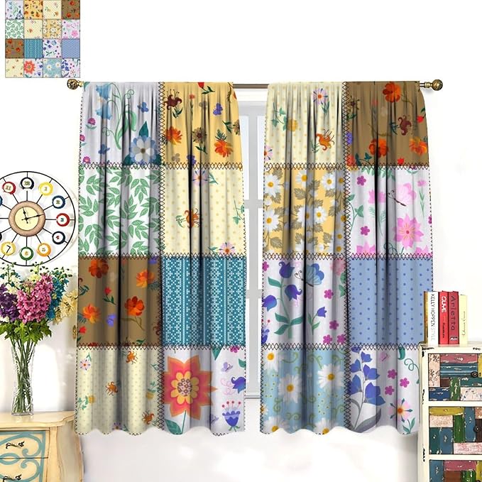 Boho Patchwork Floral Blackout Curtains Boho Vintage Flower Bohemian Colorful Spring Retro Print Window Drapes for Bedroom Living Room Kitchen Cafe (W21xL45 Inch) x2 Panels