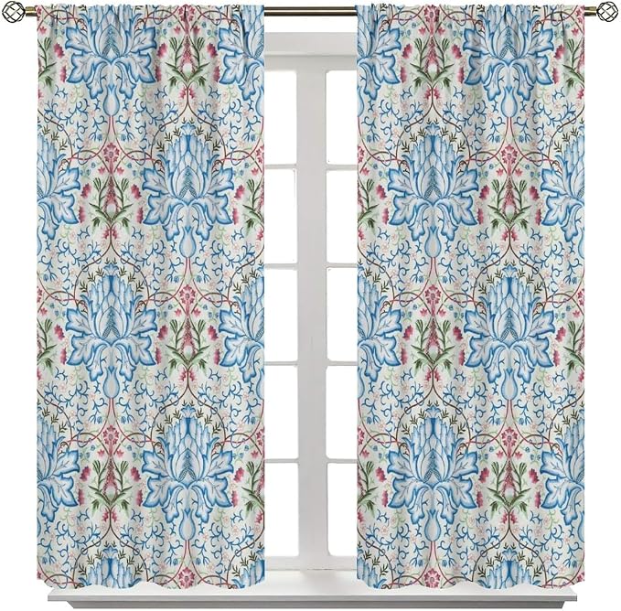 William Morris Floral Blackout Window Curtains, Watercolor Vintage Flower Art Style Printed Window Drapes, for Living Room Bedroom 21(W)*54(L) 2 Panels
