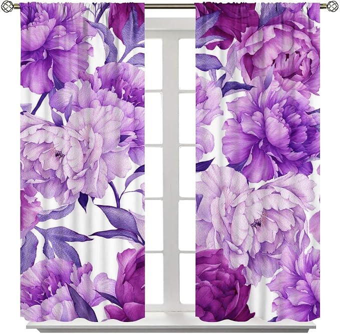 Floral Blackout Window Curtain Purple Blooming Flowers Style Print for Home Kitchen Livingroom Coffee Room Curtains Drapes 2 Panels 42x45 Inch