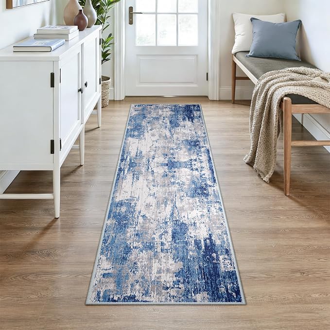 RELEANY Washable Area Rugs 2x7 Non-Slip Modern Abstract Soft for Living Room Entryway Bedroom Kitchen, Print Pattern, Blue Grey Navy Gray