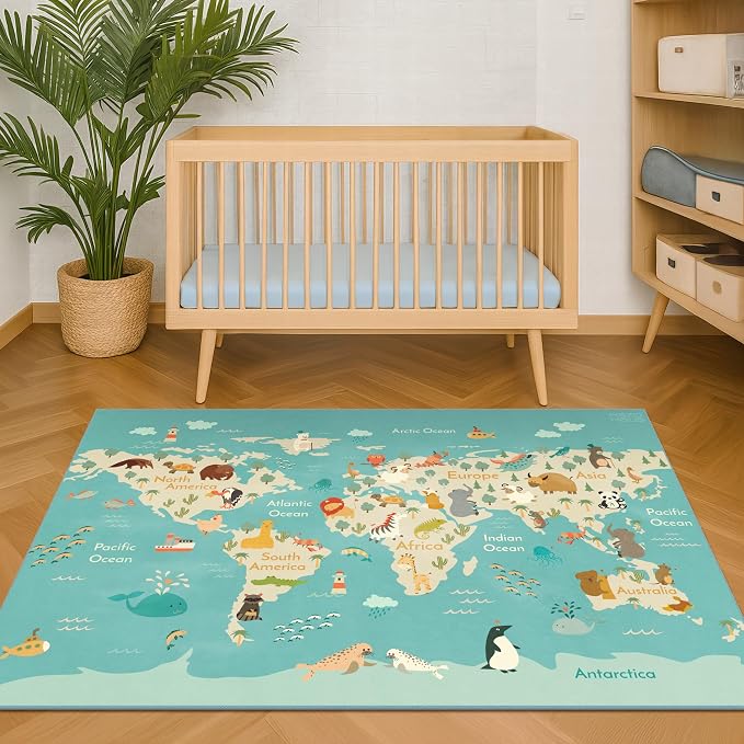 3x5 Play Mat for Kids Playroom - Colorful World Map Rug for Kids, Small Soft Educational Play Rug with Cute Animals by Continent, Washable Stain Resistant Foldable for Toddler Bedroom - Blue