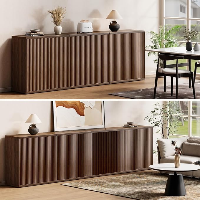 Fluted Buffet Cabinet Sideboard with Storage, Wooden Credenza with 2 Doors & Adjustable Shelf, Modern Fluted Accent Cabinet Coffee Bar for Living Room, Kitchen, Dining Room, Entryway, 15″ Deep, Brown