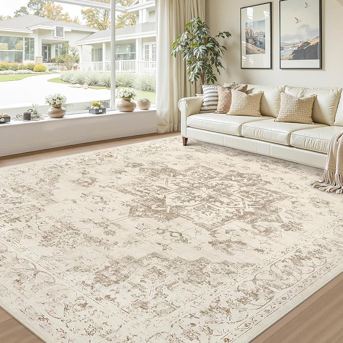 10x12 Area Rug for Living Room: Vintage Boho Neutral Washable Rug Indoor Soft Large Area Rug Carpet for Bedroom Nursery Farmhouse Dining Room Office Floor Non-Slip Low Pile Under Table Rug Beige/Ivory