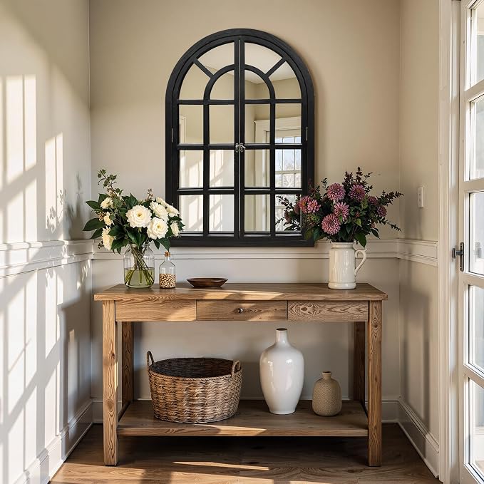 Arched Window Mirrors for Wall, Wooden Rustic Farmhouse Mirror for Wall Decor 26 x 38 Black, Decorative Wall Mirror Arch for Living Room, Bedroom, Bathroom, Fireplace, Farmhouse