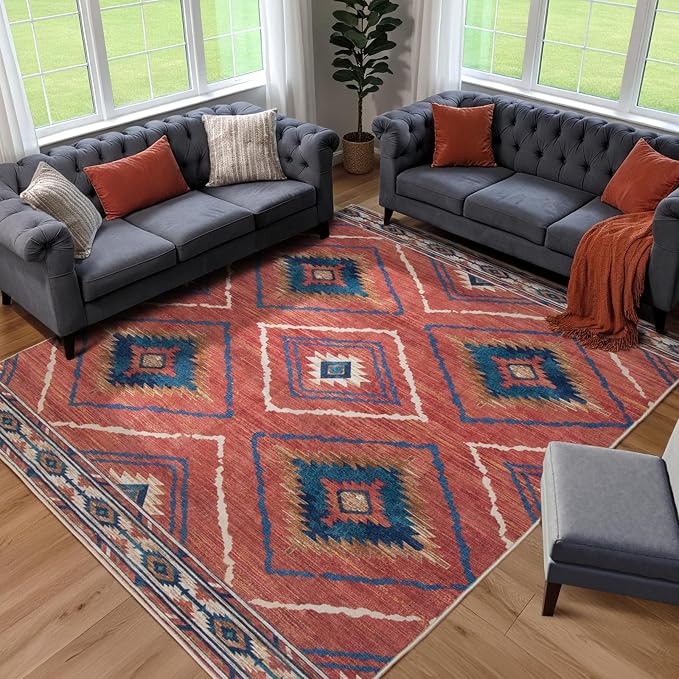 BESTSWEETIE Area Rug 5x8 Rug Machine Washable Non-Slip Low Pile Print Pattern Western Rug for Living Room Bedroom Entryway Tribal Series-Red/Orange
