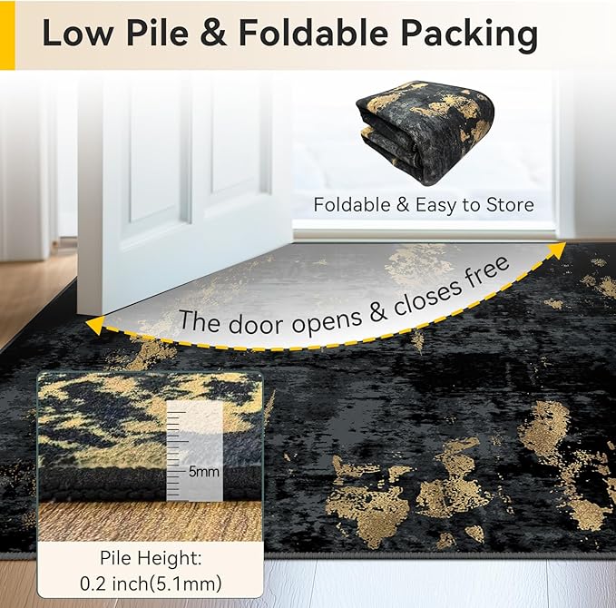 RELEANY Washable Area Rugs 2'x8' Non-Slip Modern Abstract Soft for Living Room Entryway Bedroom Kitchen, Print Pattern, Dark Black Gold