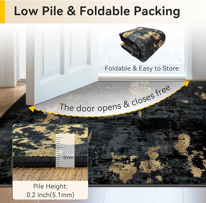 RELEANY Washable Area Rugs 2'x10' Non-Slip Modern Abstract Soft for Living Room Entryway Bedroom Kitchen, Print Pattern, Dark Black Gold