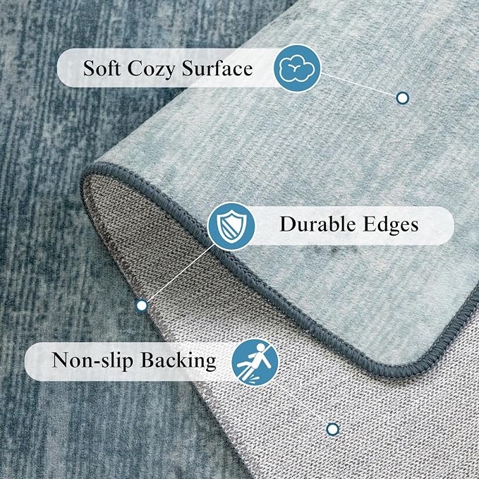 4x6 Washable Area Rug, Blue Solid Area Rugs for Living Room & Bedroom | Stain-resistant & Non-slip backing,Low Pile Washable Large Carpet, Solid Vintage Style For High Traffic Areas(4x6,Blue)