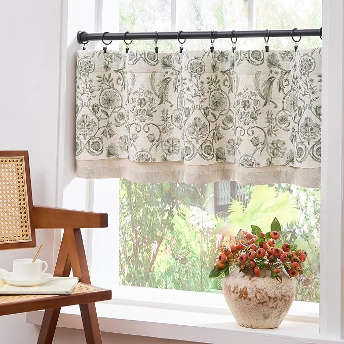 jinchan Linen Valance Kitchen Curtain Pack of 2 Double Layer 18 Inch for Living Room Bedroom Window Treatment Light Filtering Vintage Farmhouse Cottagecore Rod Pocket 2 Panels Green on Beige