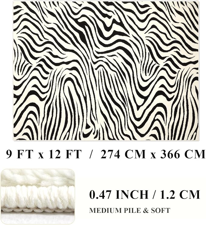 YIHOUSE 9×12 Ft Area Rugs for Living Room: Modern Washable Rug - Abstract Black and Cream White Rug for Bedroom Dining Room Office Playroom Nursery Home Decor - Nonslip Non-Shedding Striped Rugs