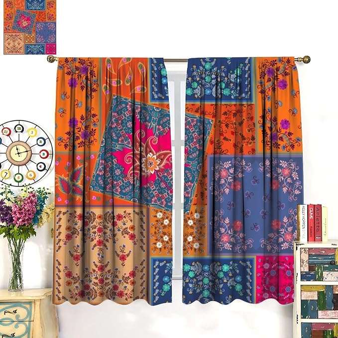 Bohemian Patchwork Blackout Curtains, Paisley Floral Print Window Treatments, for Bedrooms, Living Rooms, and Kitchens42X63 Inch