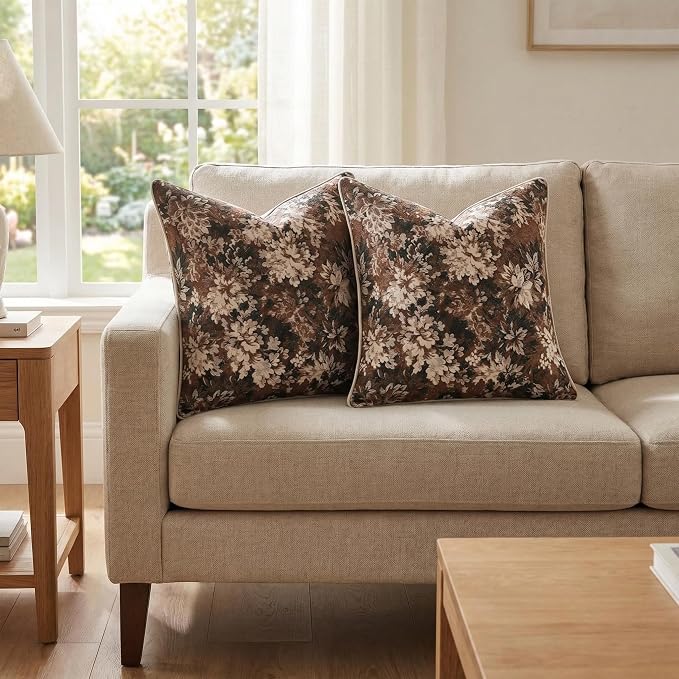Vintage Floral Throw Pillow Covers 18x18 Inches Set of 2 Boho Farmhouse Pillow Cases Premium Chenille Textured Decorative Cushion Covers for Couch Retro Garden Farmhouse Style Brown
