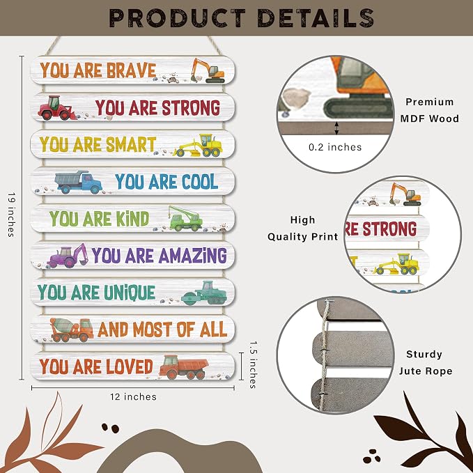 MONALET Construction Car Inspirational Wall Decor for Boys Kids Room Playroom Nursery Classroom, You Are Loved Hanging Wooden Signs Decorations, Positive Affirmations Wall Art Wood Plaque 9Pcs 12x19
