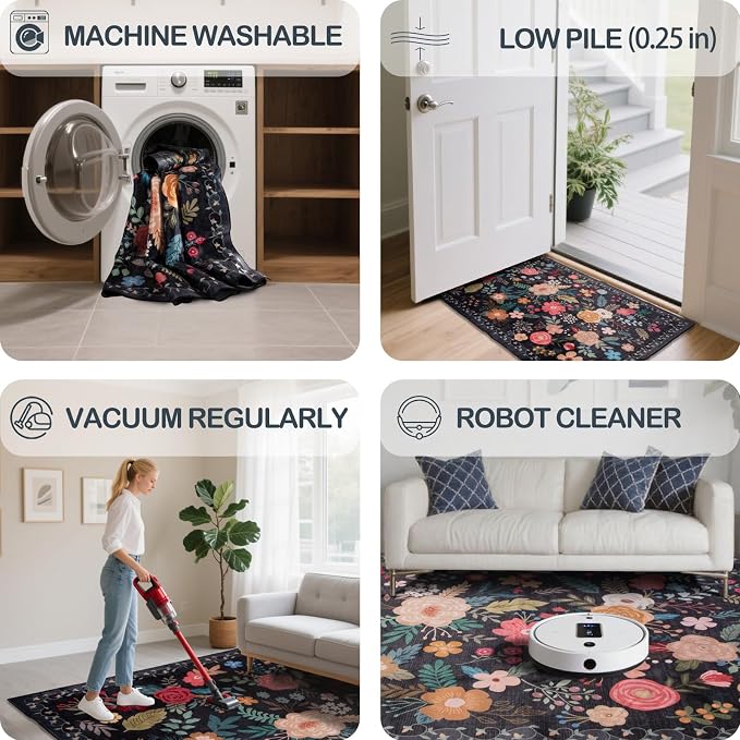 Area Rug for Living Room, 10x12 Large Washable Rugs for Dining Room, Bedroom, Non Slip Stain Resistant Carpet, Low Pile Vintage Floral Rug (Black)