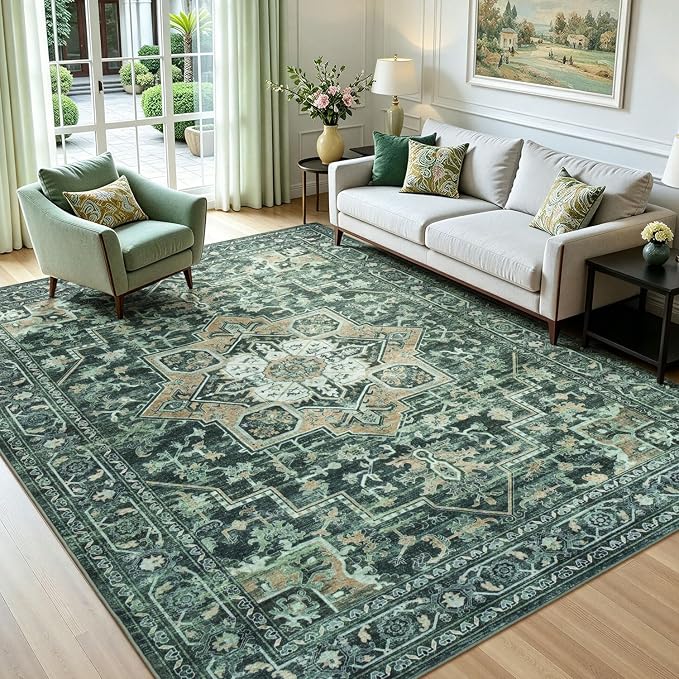 Lofus 5x7 Washable Rugs Non-Slip, Vintage Floral Area Rug for Living Room Bedroom Dining Room Kitchen, Low Pile Distress Print Carpet Home Decor Rug, Octagram Medallion Green